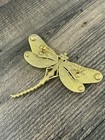 Gold Tone Dragonfly Brooch Pin Clear Rhinestone   Brown Crystal Accents