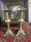 Antique Pair Of Brass Candle Holders Church Altar Gothic Cross 19 