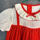 Vintage Toddler Girls Red White Pleated Ruffle Collar Bow Print Dress