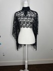 1970s Beaded Glitter Black Sheer Dot Fringed Vintage 70s Poncho Shawl
