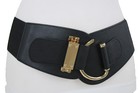 Women Black Color Stretch Wide Faux Leather Belt Gold Hook Buckle Plus Size L Xl