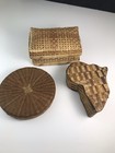 Lot Of 3 Wicker Basket Vintage Wood Box Round Rectangle And Africa Shaped