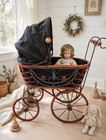 Antique Wicker Doll Carriage Pram Buggy - Butterfly Design - C 1910