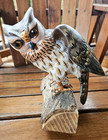 Hand Carved Hand Painted Wooden Owl Perched On Branch Log Detailed Brown Orange