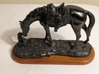 Vintage Cast Metal Black bronze Western Horse   Friend Puppie On Wood Pedestal 