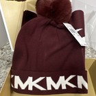 Michael Kors 2-piece Knit Scarf   Pom Beanie Set Logo Burgundy white One Size