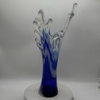 Vtg Hand Blown Glass Vase Swung Ruffle Splash Edge White Blue 14     Tall Bubbles