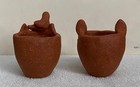 Terracotta Mini Cat Face Pot Figurine Set Of 2 - One Kitty Has A Bird On Head