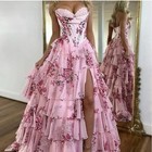 Ruffles Tiered Floral Chiffon Evening Dress Sweetheart Lace-up Slit Prom Gowns