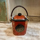 Vintage Asian Porcelain Tea Caddy Jar W Lid Cane Handle Red Gold Dragon Motif