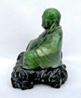 Vintage Chinese Hand Carved Green Gemstone Buddha Figurine On Stand