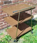 1960s Cosco 3 Tier Brown Metal   Brass Rolling Wheeled Bar Serving Cart Atomic 