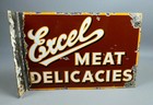 Vintage Excel Meat Delicacies Double Sided Enamel Sign C1910          26009
