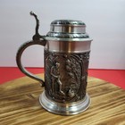 Vtg German Style Pewter Beer Stein Lidded Hunting Scene Relief Tankard Silver