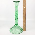 Pair Of Vintage Duncan Miller Green Glass 11 5  Candlesticks Spiral Fluted