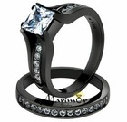 His Her Black Stainless Steel Bridal Engagement Ring Set   Titanium Wedding Band