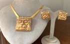 Vintage Egyptian Revival Cat Lion Pendant Brooch   Earrings Set - Rare 