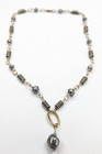 Sterling Silver 925 Grey Glass Pearl Ribbed Barrel Beaded 17  Pendant Necklace
