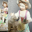 6  Vtg Antique Little Girl Feeds Lamb Apply Leaves Hand Paint Figurine-meissen  
