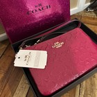 Nwt Coach Signature Debossed Patent Leather Corner Zip Wristlet Cranberry 64652