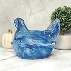 Hen On Nest Chicken Blue Cream Swirl Glass Depression Style Candy Dish  Vintage