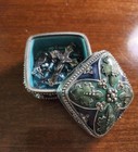 Vintage Petite Hillcraft Sterling Silver Teal Glass Rosary   Vtg Pewter Box