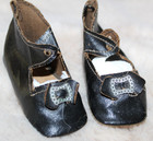 Antique Lot Of 2 Pr Oilcloth Shoes For Bisque   Other Dolls Black   White Buckle