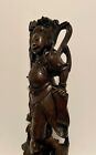 Large Antique Chinese Hand Carved Hard Wood   Metal Inlay Figure statue 18 5 