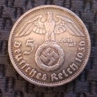 1936 D German 5 Reichsmark Hindenburg Swastika eagle Km  94 90 Silver Die Crack 