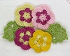 Crochet Applique 6 Pcs Flower Flowers Leaves Yellow Pink Green Scrapbook