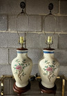Pair Of Vintage Asian  Porcelain Floral   Bird Motif Ginger Jar Vase Table Lamps