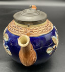 Majolica English Cobalt Blue Blackberry Vine Pewter Lid Teapot