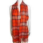 Orange Plaid Scarf Fringe Cashmere- Like Unisex