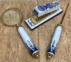 Antique Style Cobalt Blue   White   Gold Accent Floral Design 3 Piece Desk Set