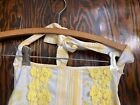Vintage Cotton Full Bib Apron Yellow Stripe Floral Applique Tie Back Mcm