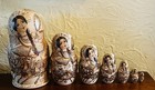 Russian Nesting Dolls Set Of 7 Wood Burned Hand Painted Gold Gilt Matryoshka
