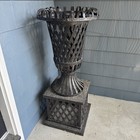 Pair Large Antique Cast Iron Lattice Work Strap Garden Urns Planters On Stands