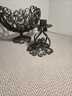 Vtg 9    Diameter Black Wrought Iron Metal Centerpiece Basket   Pair Candleholders