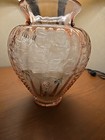 Lg  Fenton Glass  violas On Petal Pink  3 Sided Belly Feather Vase 1994 Signed