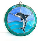 Vintage Stained Glass Dolphin Suncatcher Round Hanging Window Panel Ocean 8 5 