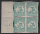 Australia 1920 Block Of 4 One Shilling Blue Green Watermark Narrow Crown Type 6