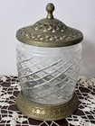 Vintage Ornate Crystal Brass Lidded Vanity Powder Jar Dish Trinket Box