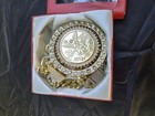 Gold Plated Cuban Link Chain Coin Pendant Necklace W  White Crystal Pav  