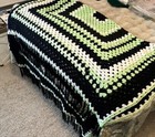 Handmade Afghan Throw Green  Black And White With Fringe 55x66 Blanket