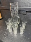 A Tall Etched Clear Glass Cocktail Pitcher 6 Cordial Glasses 3 Stir Sticks