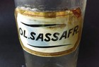 Antique Apothecary Pharmacy Glass Bottle W stopper Ol sassafr Label Behind Glass