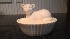 Vintage Cream Glass Cat On Nest Covered Candy trinket Dish 5 1 2 