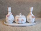 Vintage Pink Rose Ceramic Beaded 5pc Vanity Set Dresser Set W under Plate Japan