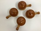 Vintage Stoneware French Onion Soup Bowls With Lids Handles Set Of Four Brown