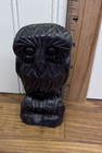 Vintage Hand Carved Wooden Owl Figurine 4  Rustic Dark Wood Sculpture Detailed